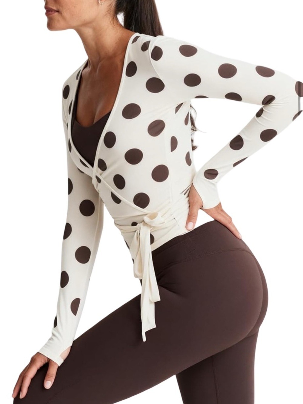 🟤🟤🟤 Polka Dot Tie-Front Satin Top - Brown on Cream Wrap yoga top - Picture 2 of 6